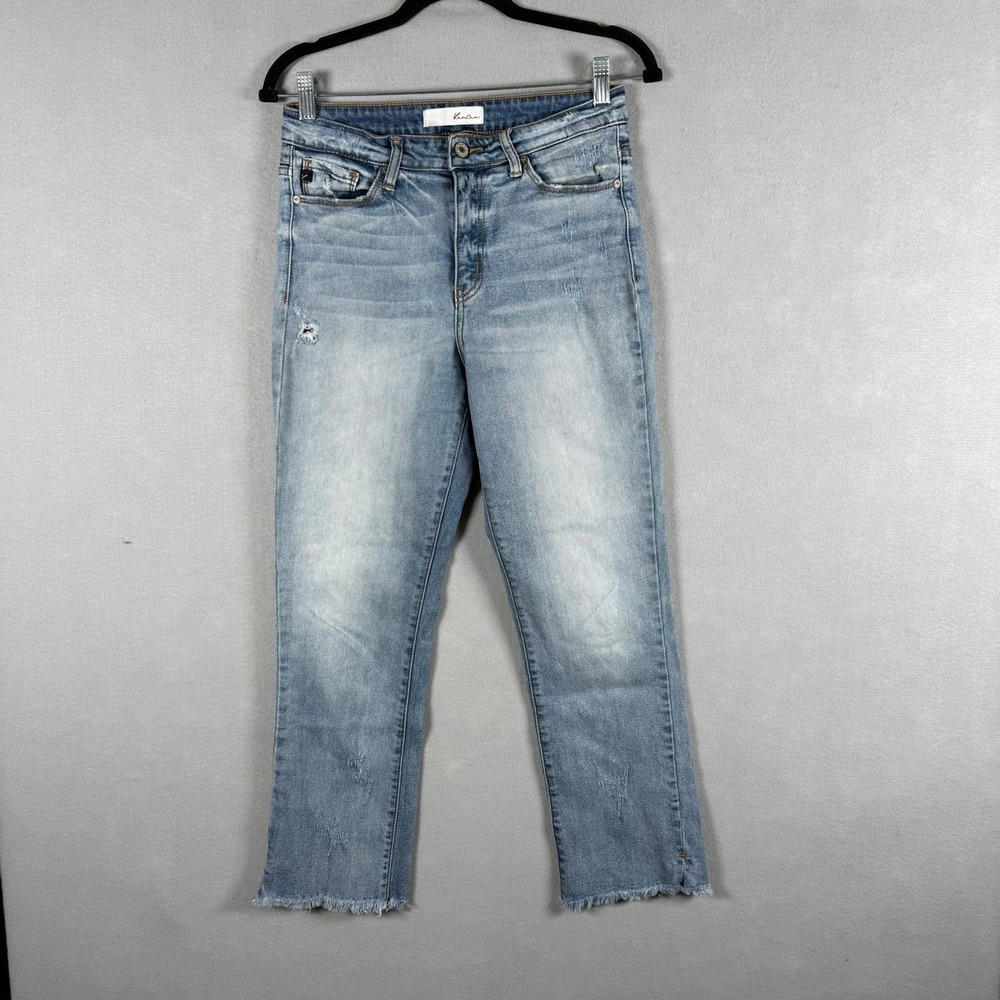 KanCan Womens 7/27 Jeans Blue Distressed Raw Hem High Rise Straight Denim